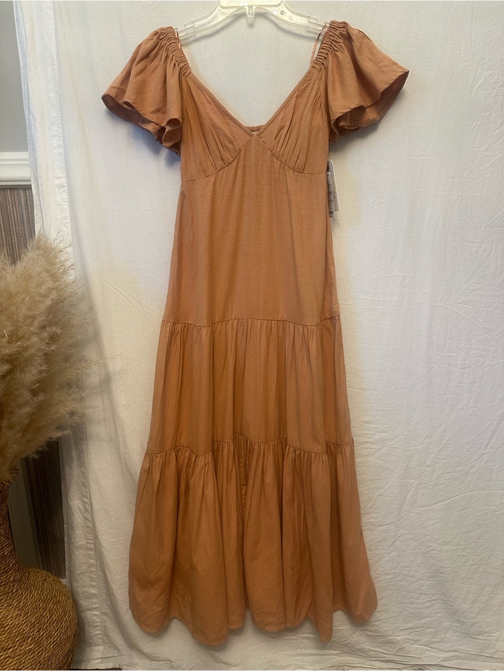 NWT Billabong Last Light Smocked Tiered Maxi Dress XS Dusty Rose Flutter Sleeve